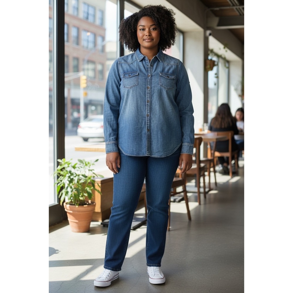 E2 Clothing Womens Denim Shirt Long Sleeve Button Front Classic Blue Wash Size L